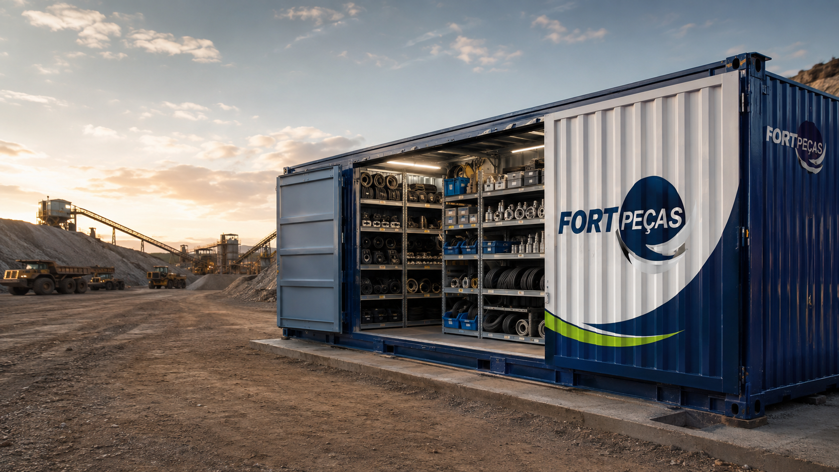 Container Loja In Company FortPeças instalado em uma operação de mineração, com estoque organizado de peças